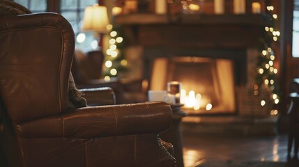 Fototapeta premium Soft leather armchairs are arranged around the fireplace creating a cozy nook for guests to gather and enjoy the warmth while sipping on decadent hot cocoa. 2d flat cartoon.