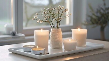With a mix of scents like jasmine and rose a collection of candles on a modern tray makes the...