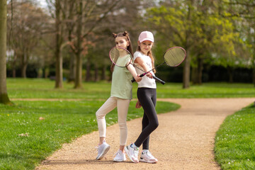 Two girls posing with badminton rackets in the park