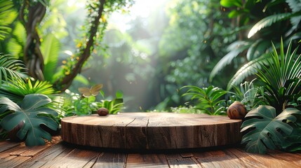 Photo of a wooden podium with nature landscape in the background for product presentation