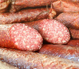 Dried meat delicious salami cured sausage. Tasty food concept