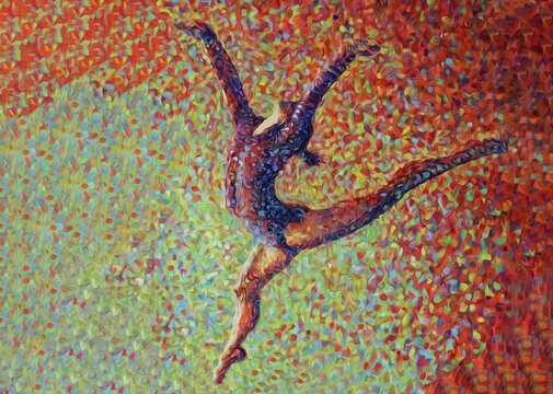 Impressionistic pointillist figure of a female Olympic gymnast leaping in an artistic floor routine, with a multicolored background of paint daubs like confetti all around