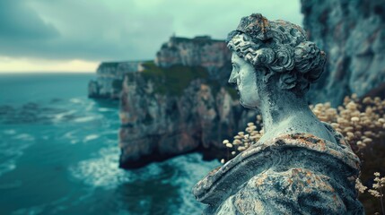 A sculpture of a woman on a rock, gazing out over the vast ocean in a serene natural landscape,...