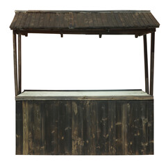 Wooden street market stand stall with awning and wood pillars isolated on white background. Small...