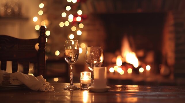 The crackling fireplace in the corner adds an extra layer of warmth and coziness to the candlelit dining experience making it a truly unforgettable evening. 2d flat cartoon.