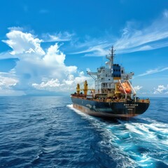 cargo ship sailing on the sea, clear blue sky