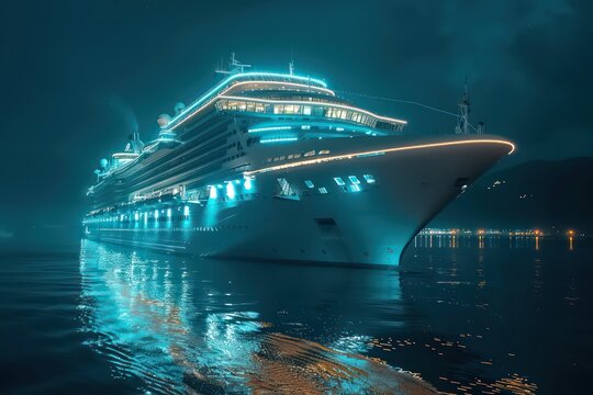 beautiful cruise ship sailing at night on sea, electric glowing lights