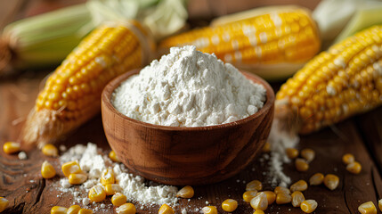 
Corn starch in a bowl with ripe cobs and kernels on the table