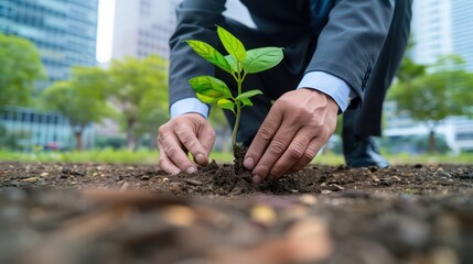 businessperson planting a tree in an urban garden corporate social responsibility