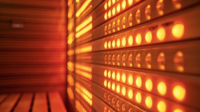 A closeup of the infrared saunas heating panels emitting waves of infrared light believed to trate deeper into the body and provide greater pain relief for migraines..