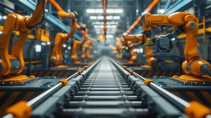 Naklejka premium Conveyor belts and robotic arms showcase the efficiency of modern production in this industrial theme website banner, banner background concept 3D with copy space