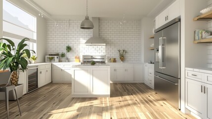 Fototapeta na wymiar kitchen design with white subway tiles and essential appliances