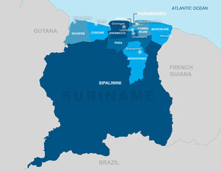 Suriname map with Districts provinces and Capitals South America