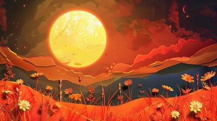 The Summer Solstice sun, a fiery orb in the sky, shines above a paper meadow, paper art style concept