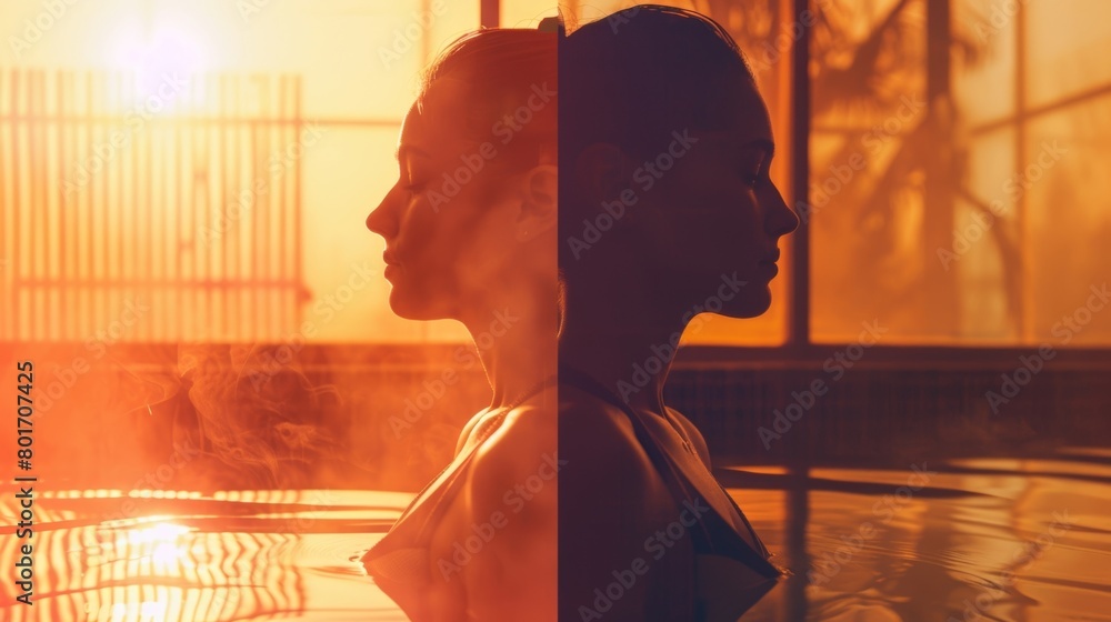 Poster a splitscreen image of a persons heart rate before and after a sauna session highlighting the increa