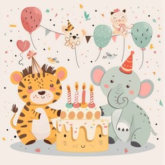 kids birthday card, cartoon animals pastel colors