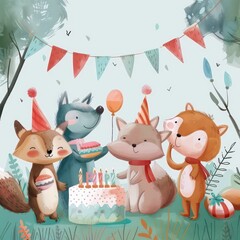 kids birthday card, cartoon animals pastel colors