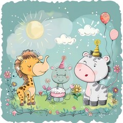 kids birthday card, cartoon animals pastel colors