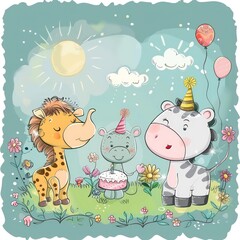 Obraz premium kids birthday card, cartoon animals pastel colors