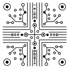 circuit board black line drawing of a pcb on a white background