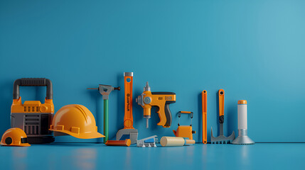 
Happy labor day usa concept with construction tools and equipment on blue background, 3d rendering