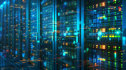 Obraz premium A computer server room with many servers and lights