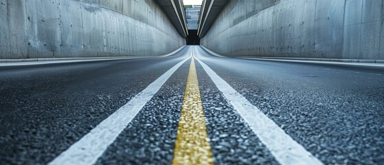 Low Angle View of Empty Highway Tunnel with Vibrant Lane Markings Leading Into the Distance.