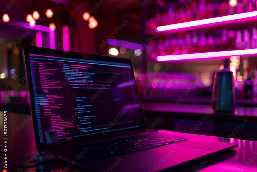 Poster laptop with screen displaying code in shades of purple. generate ai image