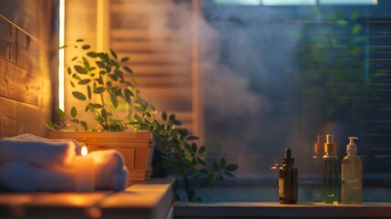 An interior shot of a sauna with calming music playing in the background and a comforting aroma of essential oils filling the air..