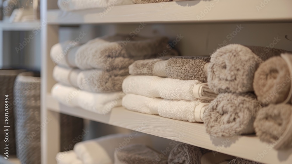 Poster soft plush towels in shades of white and beige are neatly stacked on a nearby shelf adding to the lu