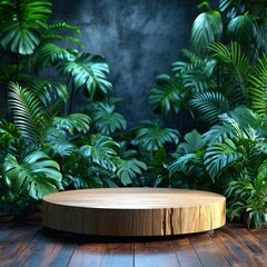 Photo of a wooden podium with tropical plants in the background for product presentation