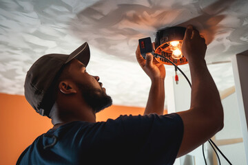 Electronics technician specialized in electrical maintenance. Provision of electrical services. - obrazy, fototapety, plakaty