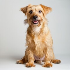 dog sitting down on white background