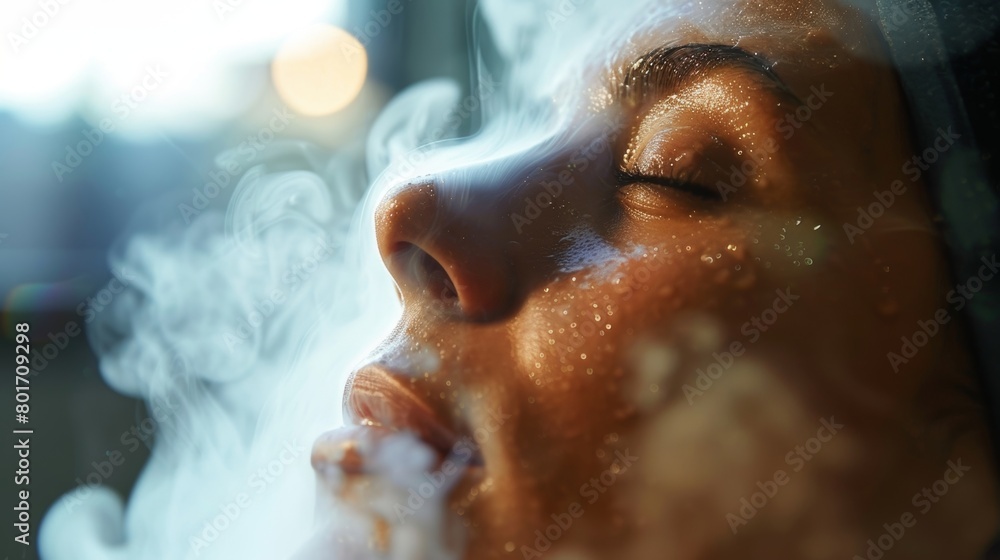 Poster a person receiving an infrared sauna session with steam and heat helping to unclog pores and detoxif