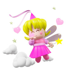 fairy in very cute pastel pink clothes sending a kiss and details of clouds and hearts