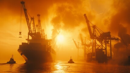 Obraz premium Containers being loaded onto a ship by cranes in the early morning light, AI Generative