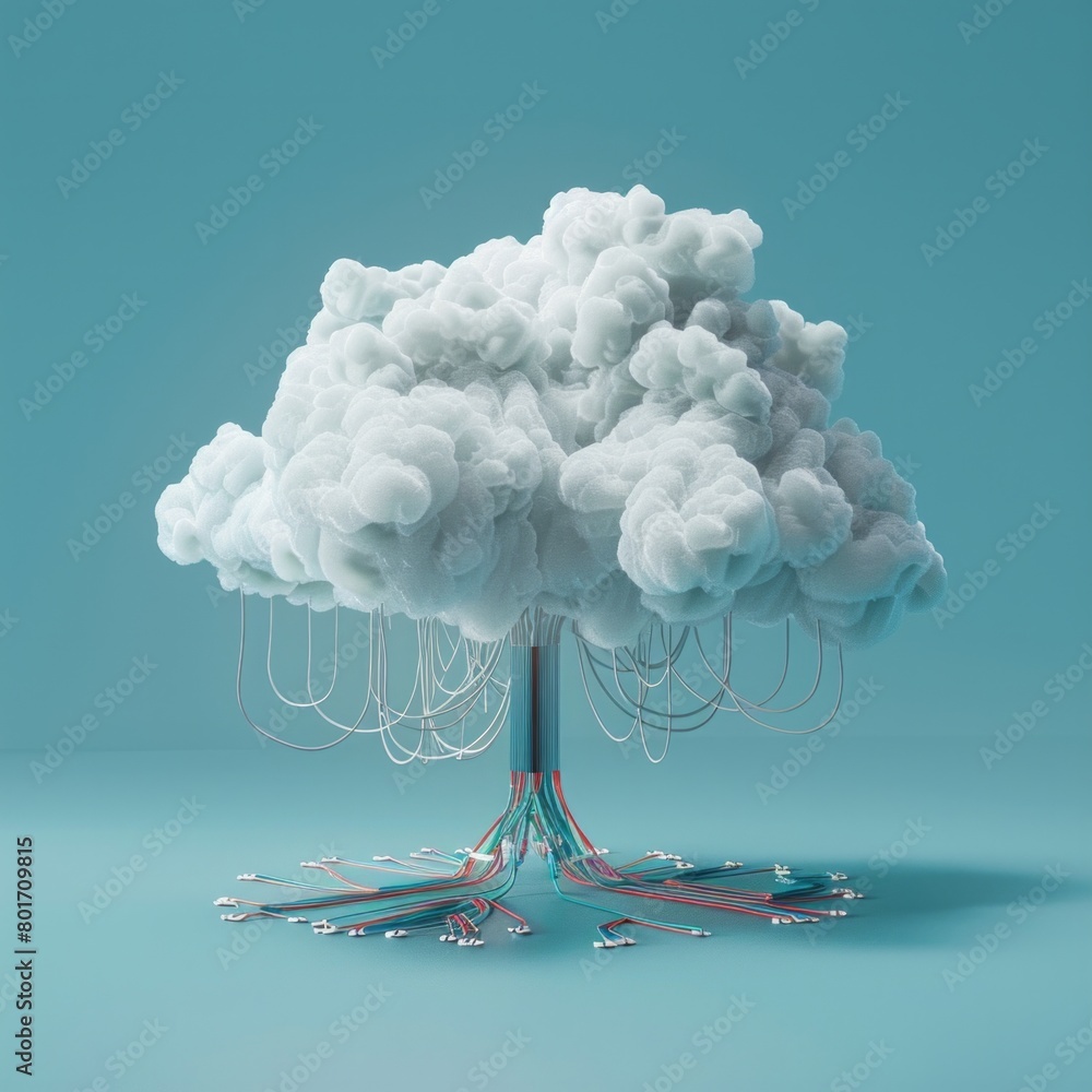 Poster craft a 3d scene that showcases a secure cloud computing environment, with a central white cloud con