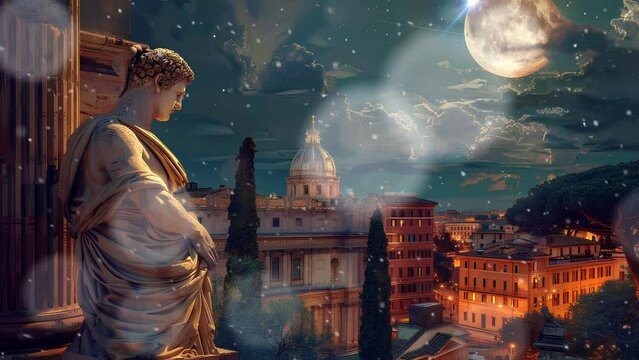 statues of gods stood tall in the majestic buildings of ancient Greece. The night was brightly lit by the moon and covered in snow