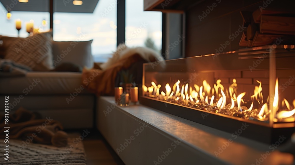 Wall mural soft and ambient lighting radiates from the linear gas fireplace creating a cozy and inviting ambian