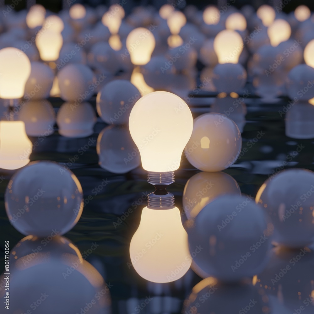 Poster create a 3d rendering of a luminous light bulb emerging as a beacon among dimmer, ai generative