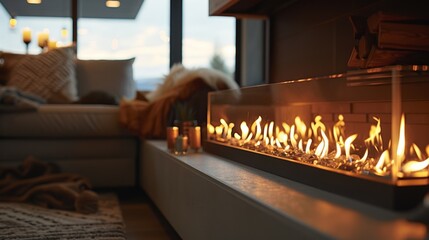 Fototapeta premium Soft and ambient lighting radiates from the linear gas fireplace creating a cozy and inviting ambiance in the room. 2d flat cartoon.
