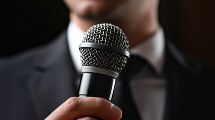 Motivational speaker with microphone performing on stage, closeup