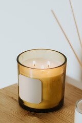 Scented candle on shelf, aesthetic home decor