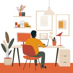 man working in home office in a flat illustration style on a white background