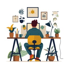 man working in home office in a flat illustration style on a white background