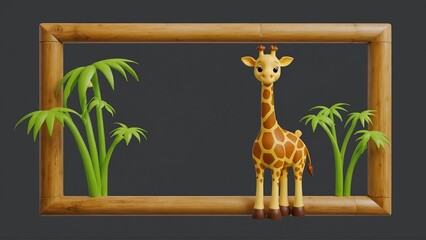 Giraffe in bamboo frame with 3d effect. Isolated on white background Children wallpaper