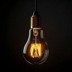 Illuminated Vintage Edison Light Bulb against a Dark Background