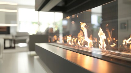 Fototapeta premium The sleek and stylish fireplace enclosed in clear glass adds a touch of luxury to the chic living space. 2d flat cartoon.