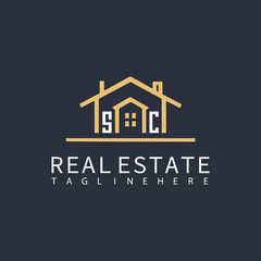 SC monogram logo for real estate with home shape creative design.