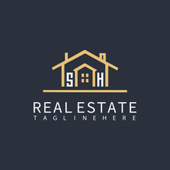 SH monogram logo for real estate with home shape creative design.